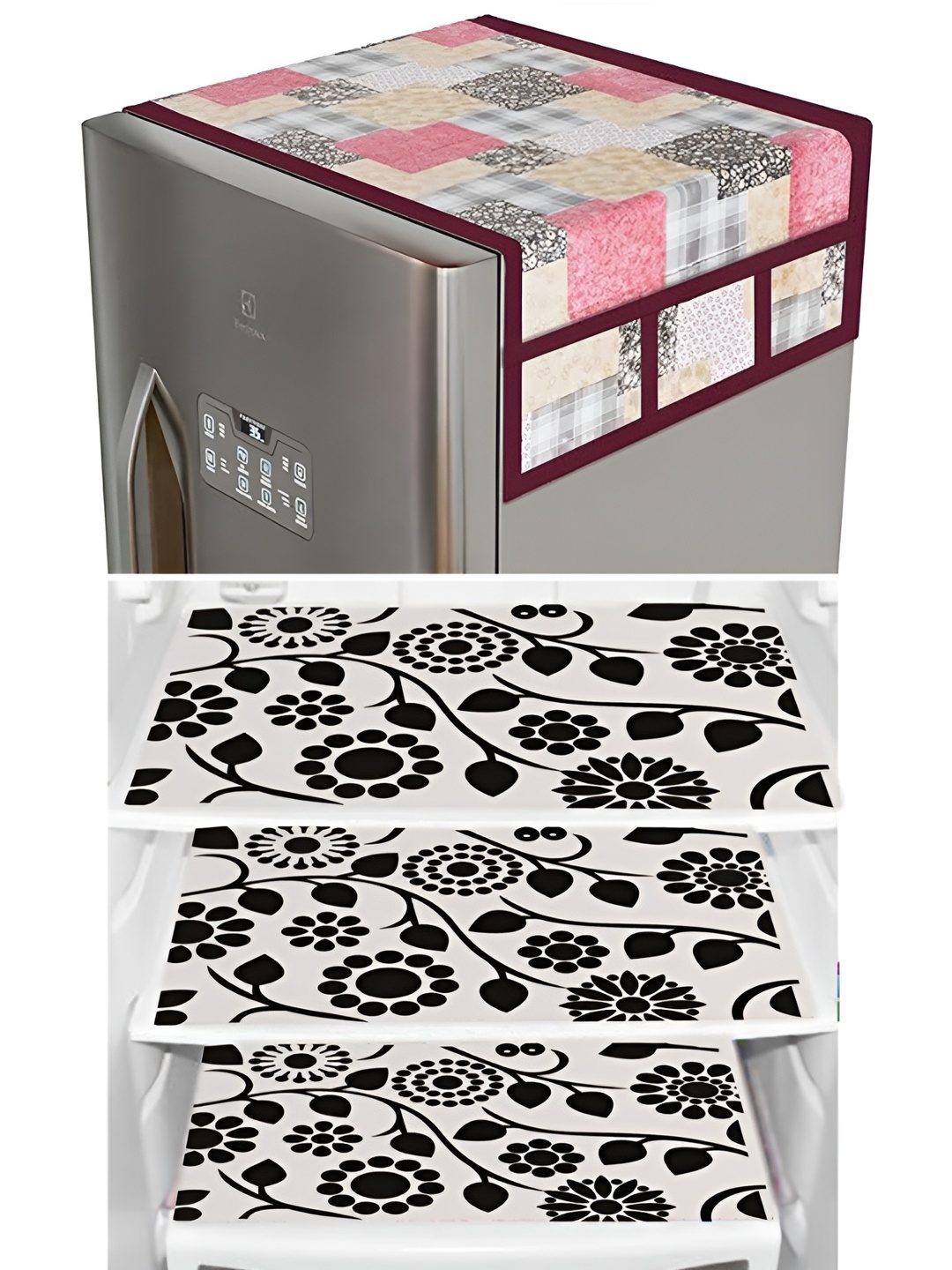 

LooMantha 5-Pcs Beige & Black Printed Fridge Covers With Mat, White