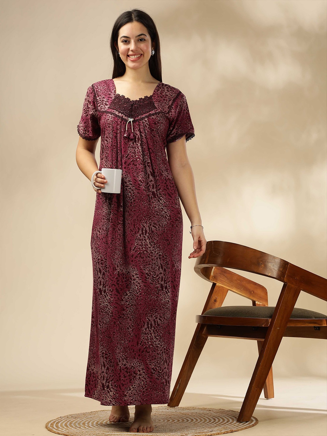 

9shines Label Women Abstract Printed Maxi Nightdress, Pink