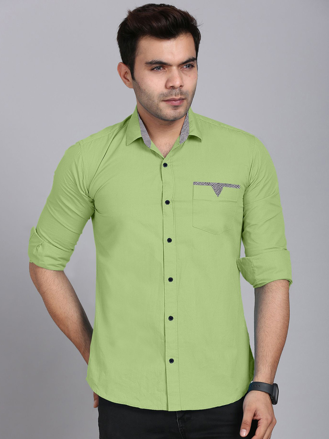 

FINIVO FASHION Men Standard Spread Collar Solid Casual Shirt, Green
