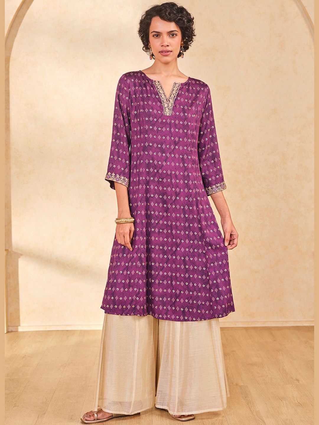 

Global Desi Bandhani Woven Design Notched Neck A-Line Kurta, Purple