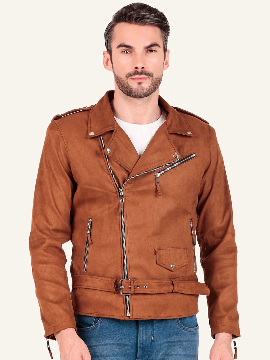 

Leather Retail Men Lapel Collar Solid Casual Biker Jacket, Brown