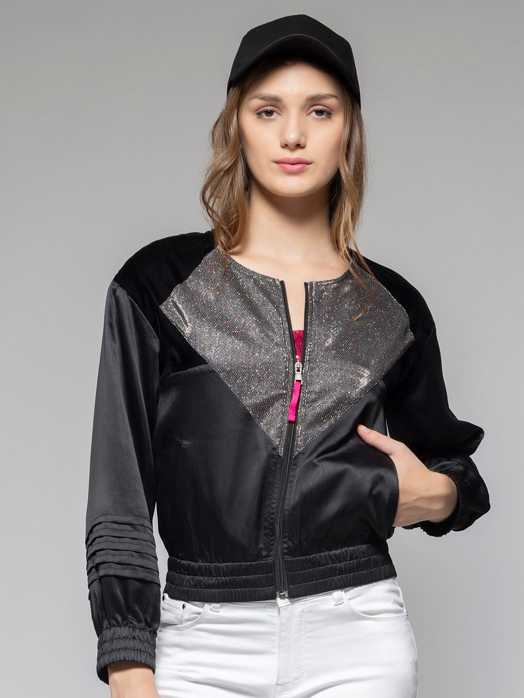 

SHAYE Women Collarless Colourblocked Velvet Casual Bomber Jacket, Black