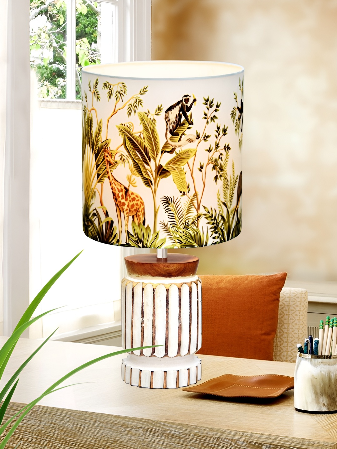 

Homesake Green Printed Cotton Contemporary Cylindrical Shaped Table Lamp with Bulb