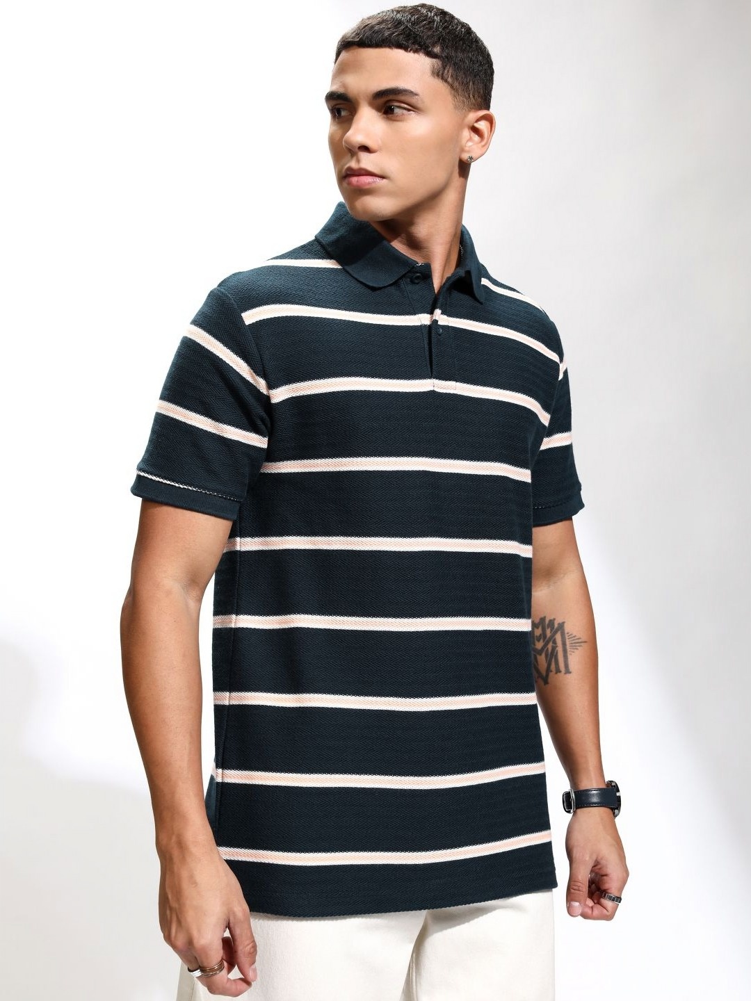 

HIGHLANDER Men Striped Polo Collar Relaxed Fit T-shirt, Navy blue