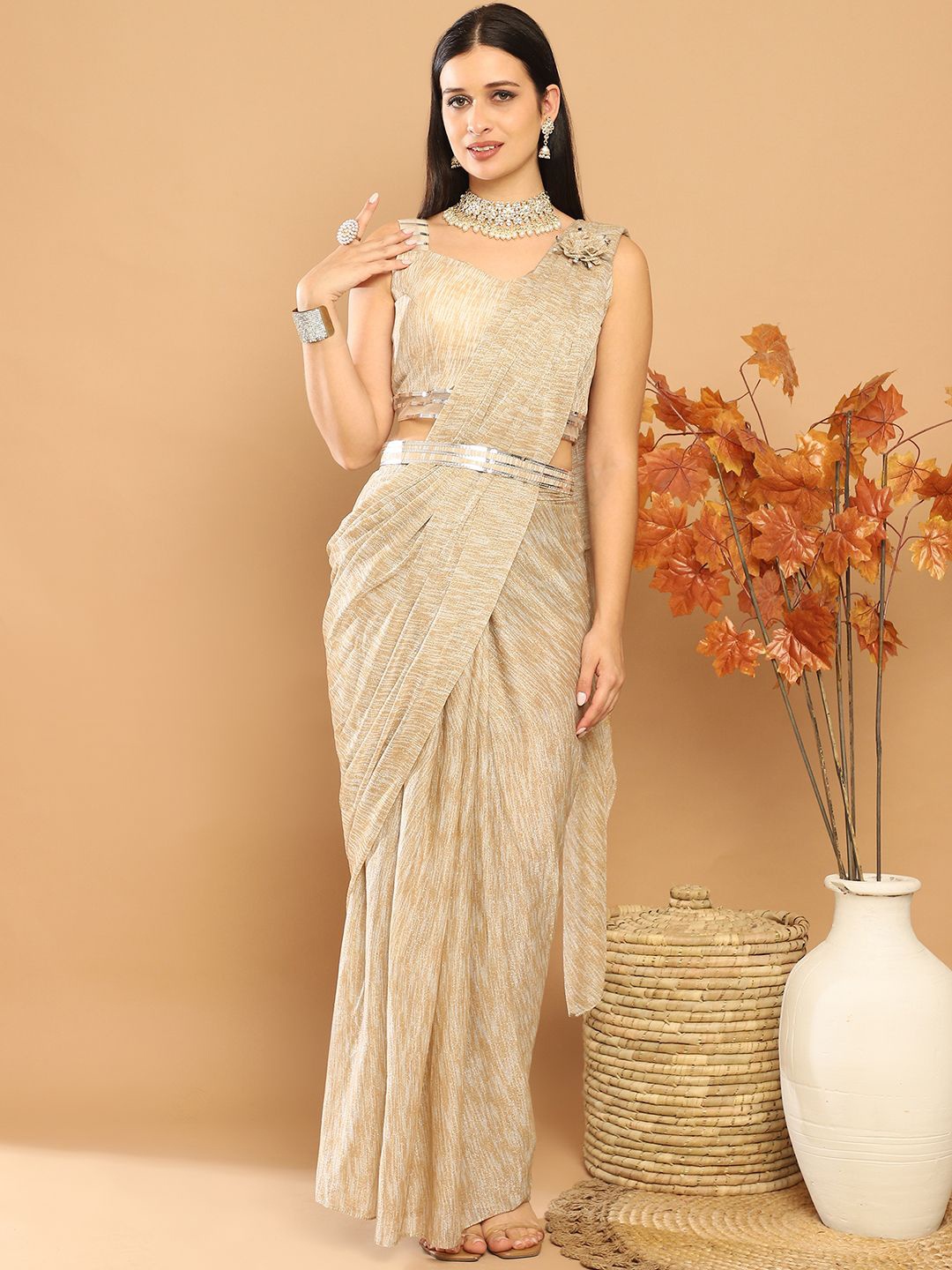 

Grancy Abstract Printed Ready to Wear Leheriya Saree, Gold