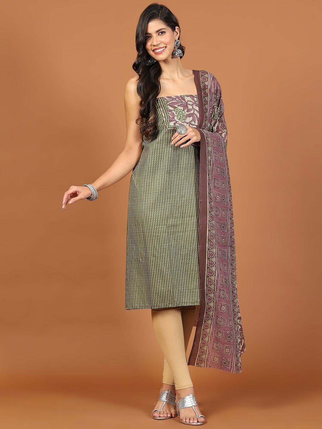 

Meena Bazaar Striped Thread Work Unstitched Dress Material, Green