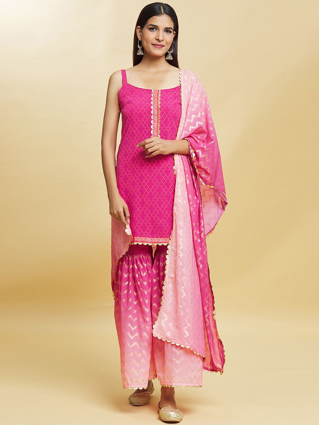 

Adara Khan Floral Printed Regular Straight Kurta with Sharara & Dupatta, Purple