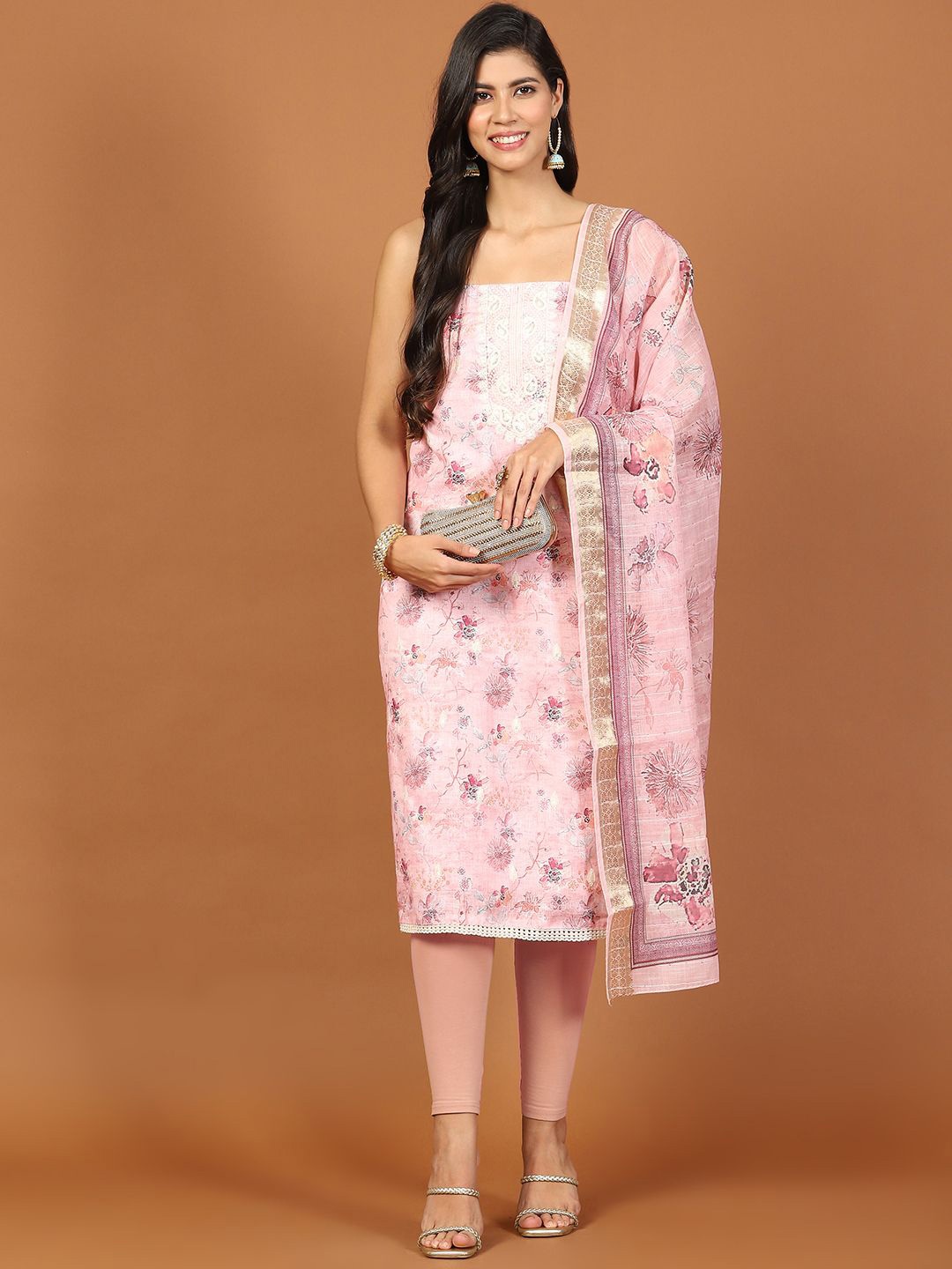 

Meena Bazaar Floral Printed Cotton Unstitched Dress Material, Pink