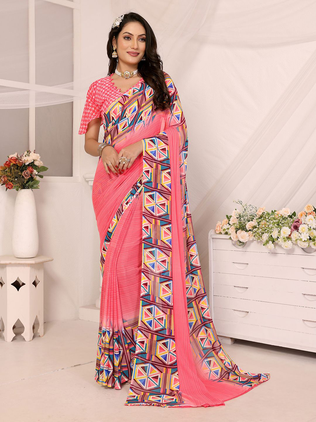 

Moda Rapido Poly Georgette Saree, Pink