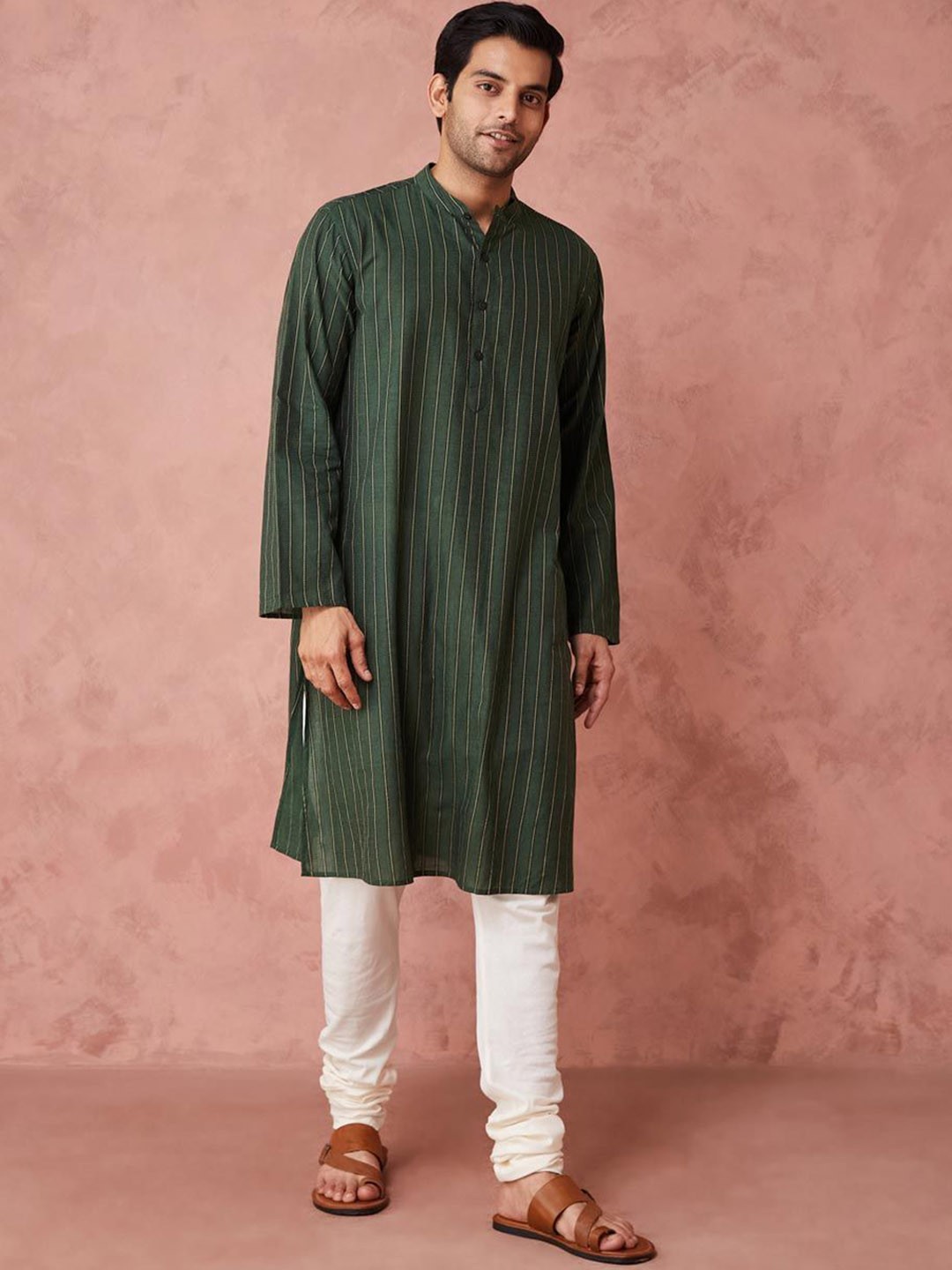 

Fabindia Striped Mandarin Collar Pure Cotton Straight Kurta, Green