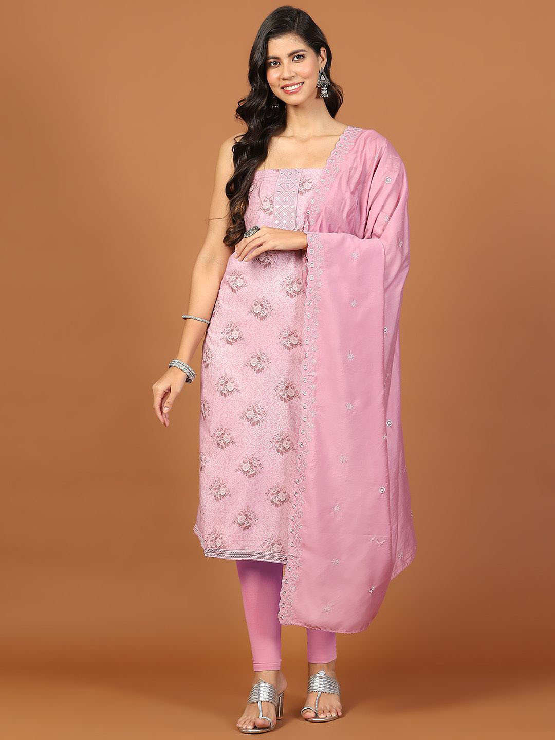 

Meena Bazaar Floral Printed Mirror Work Cotton Unstitched Dress Material, Pink