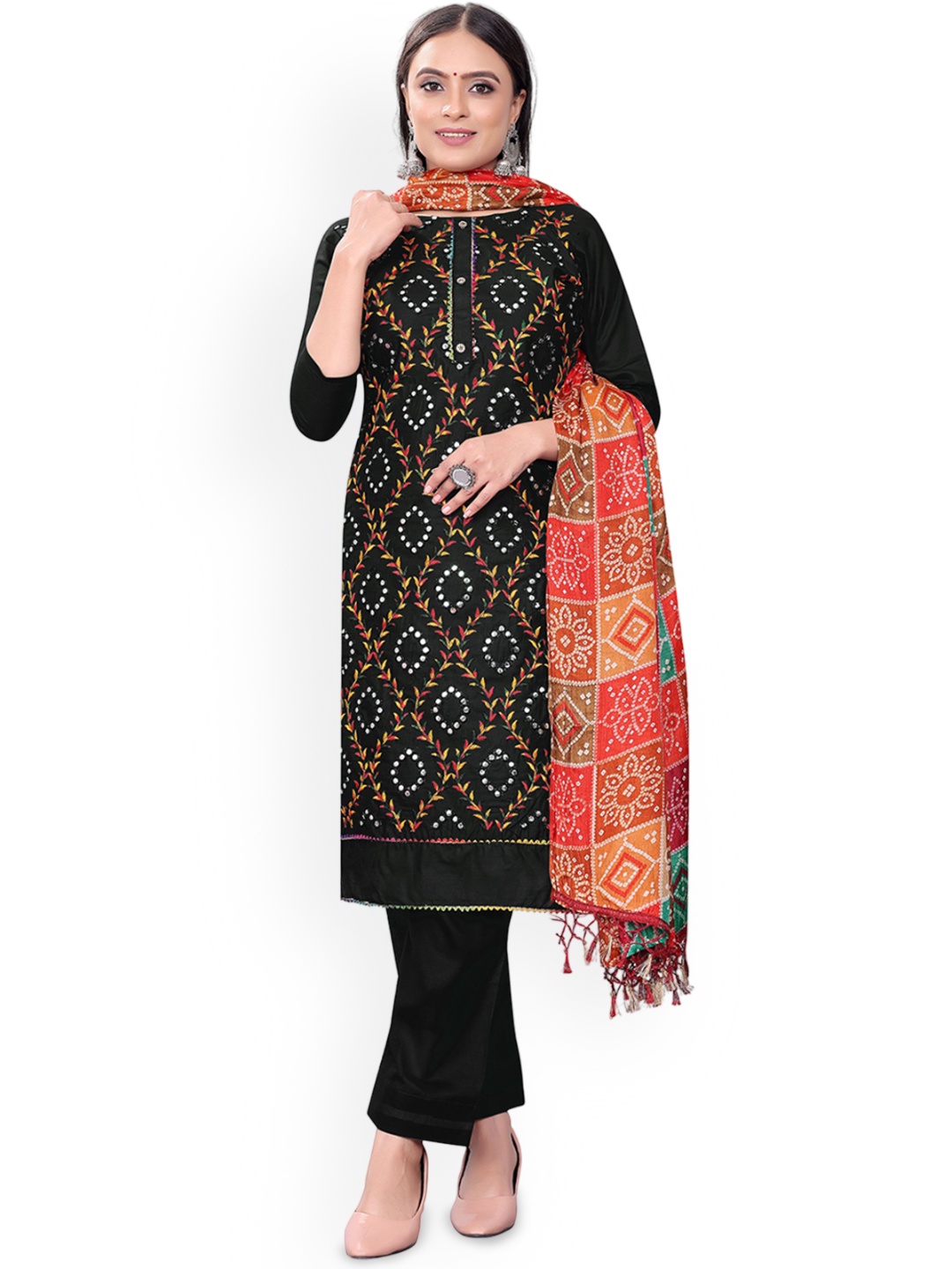 

Maroosh Floral Embroidered Mirror Work Unstitched Dress Material, Black