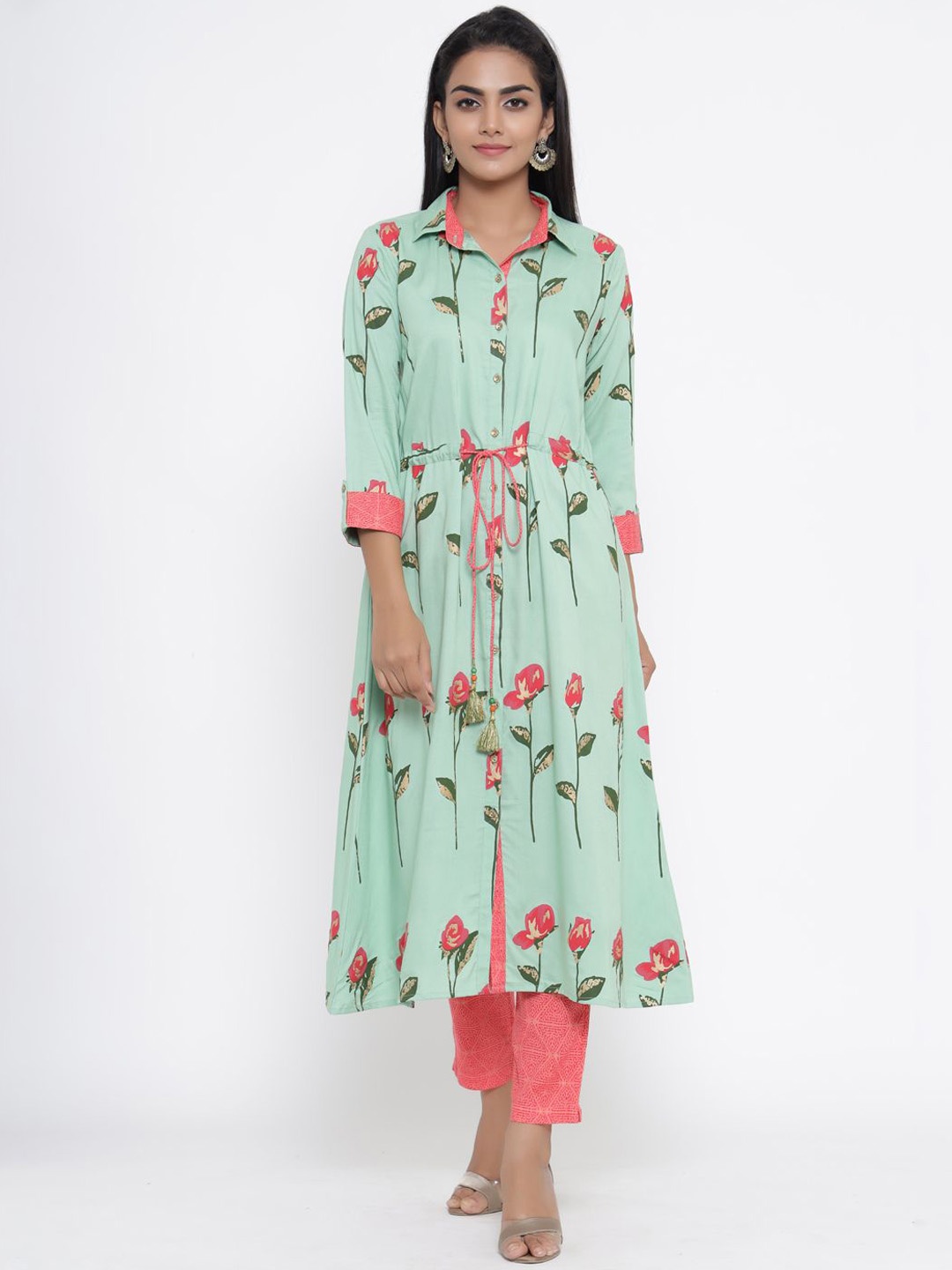 

Anouk Green Floral Printed A-Line Kurta With Trouser