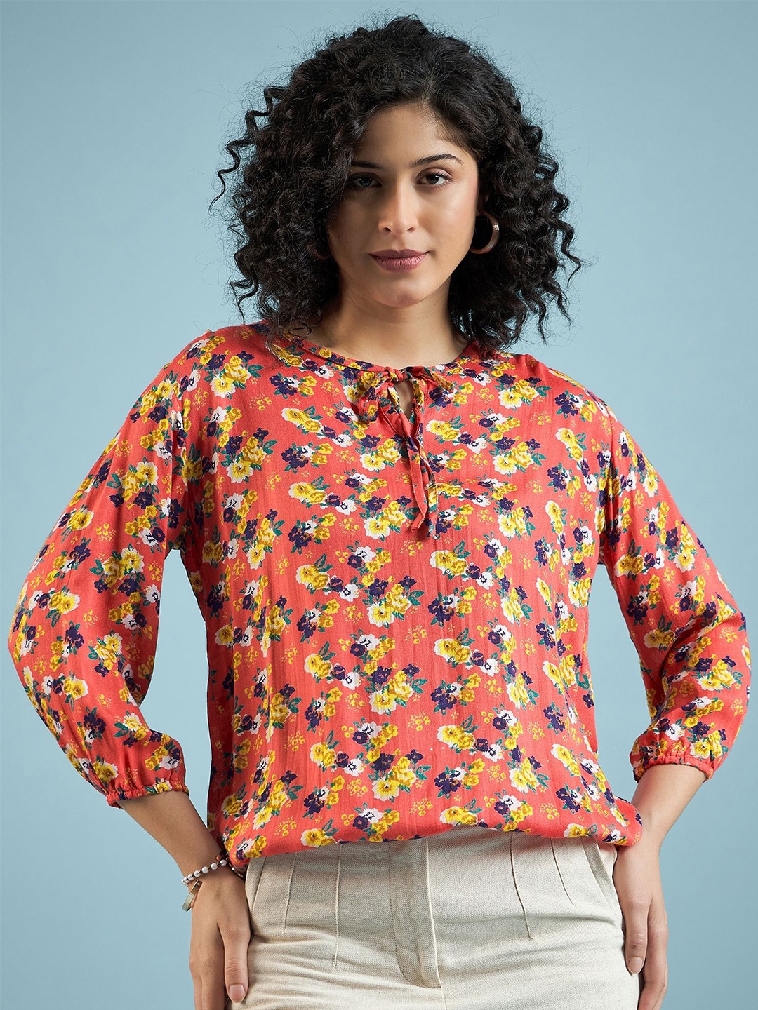 

Mayra Women Floral Print Tie-Up Neck Blouson Top, Orange