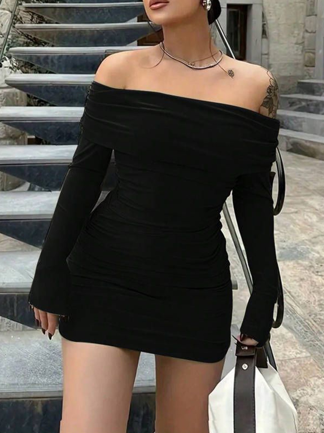 

HERE&NOW Women Off-Shoulder Bodycon Mini Dress, Black