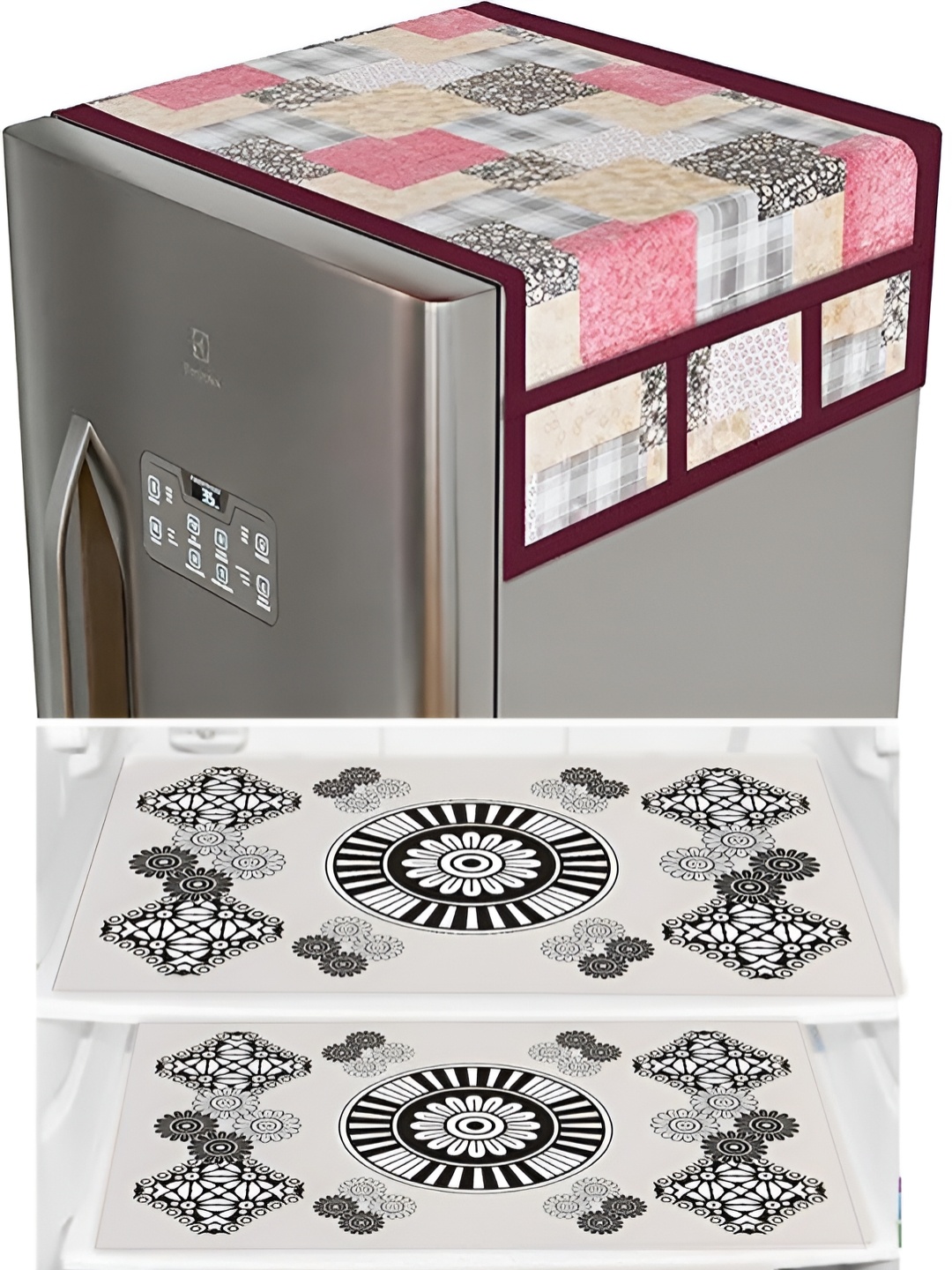 

LooMantha 6-Pcs Black & Beige Printed Fridge Covers With Mat