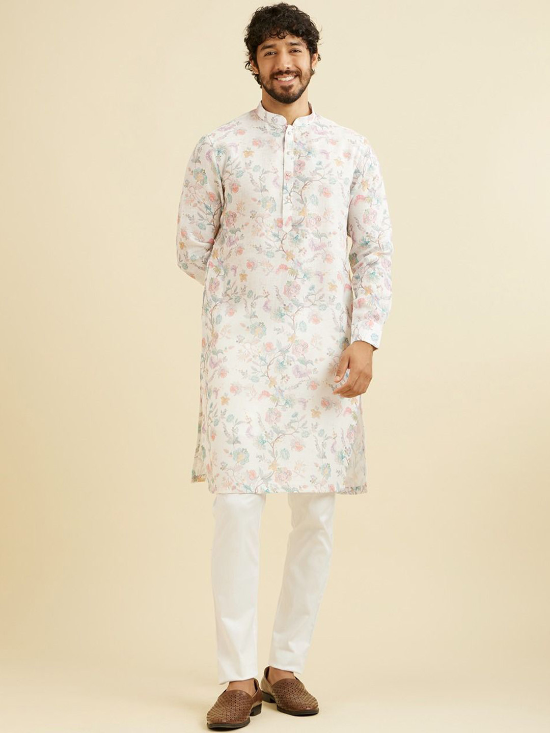 

Manyavar Floral Printed Mandarin Collar Straight Kurta, White