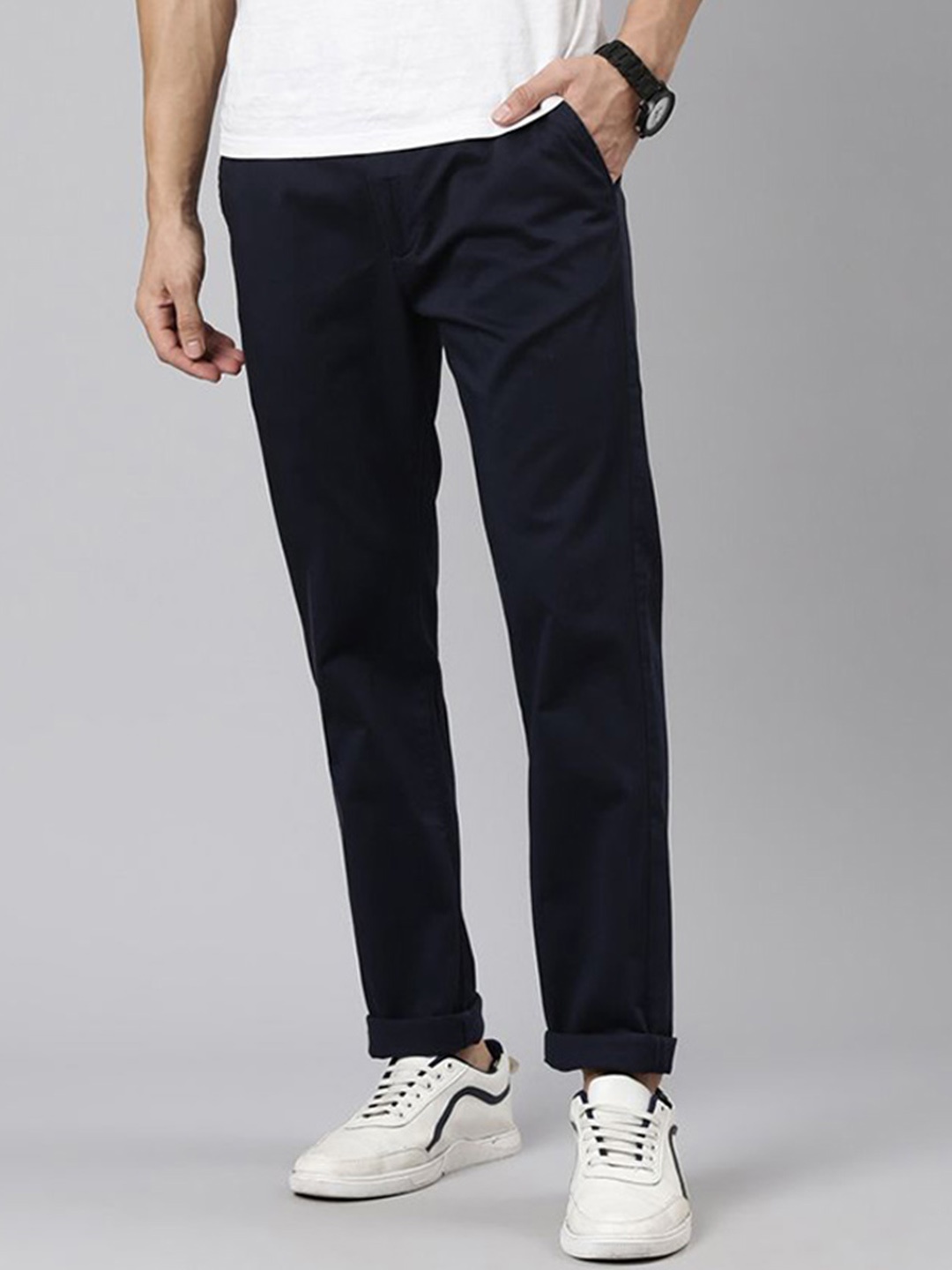 

American Bull Men Cotton Slim Fit Regular Trousers, Navy blue
