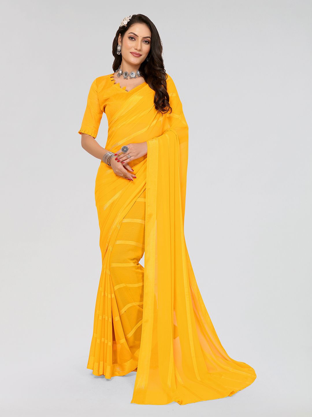 

Moda Rapido Striped Satin Saree, Yellow