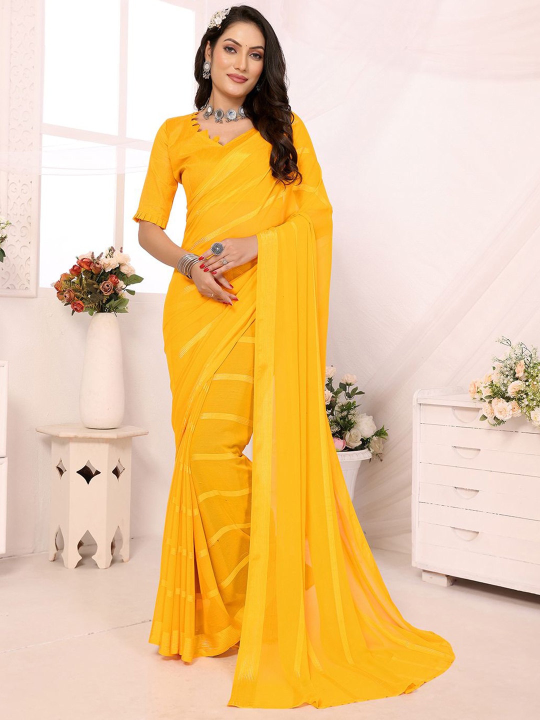 

Moda Rapido Striped Satin Saree, Yellow