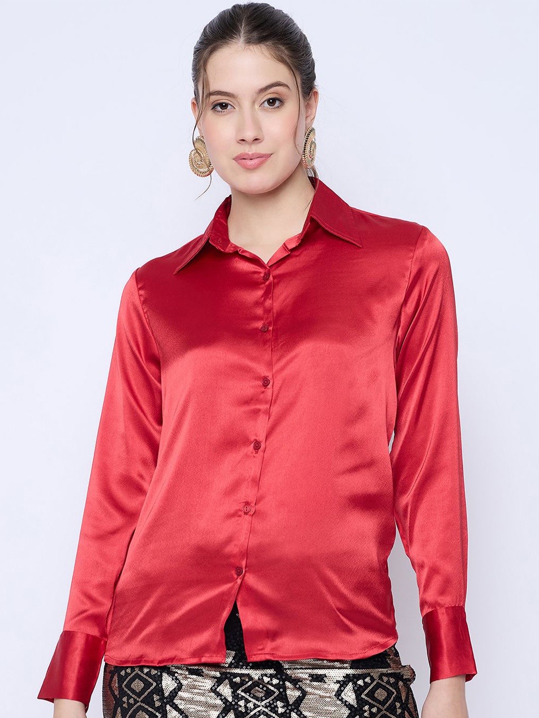 

Color Cocktail Women Spread Collar Solid Satin Casual Shirt, Red