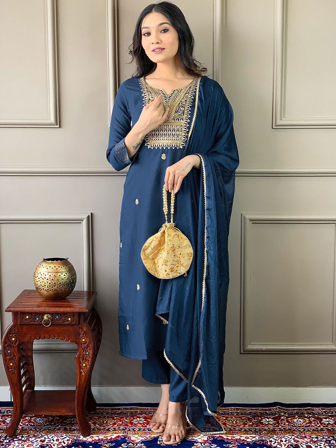 

MORLY Ethnic Motifs Embroidered Sequinned Kurta with Trouser & Dupatta, Blue