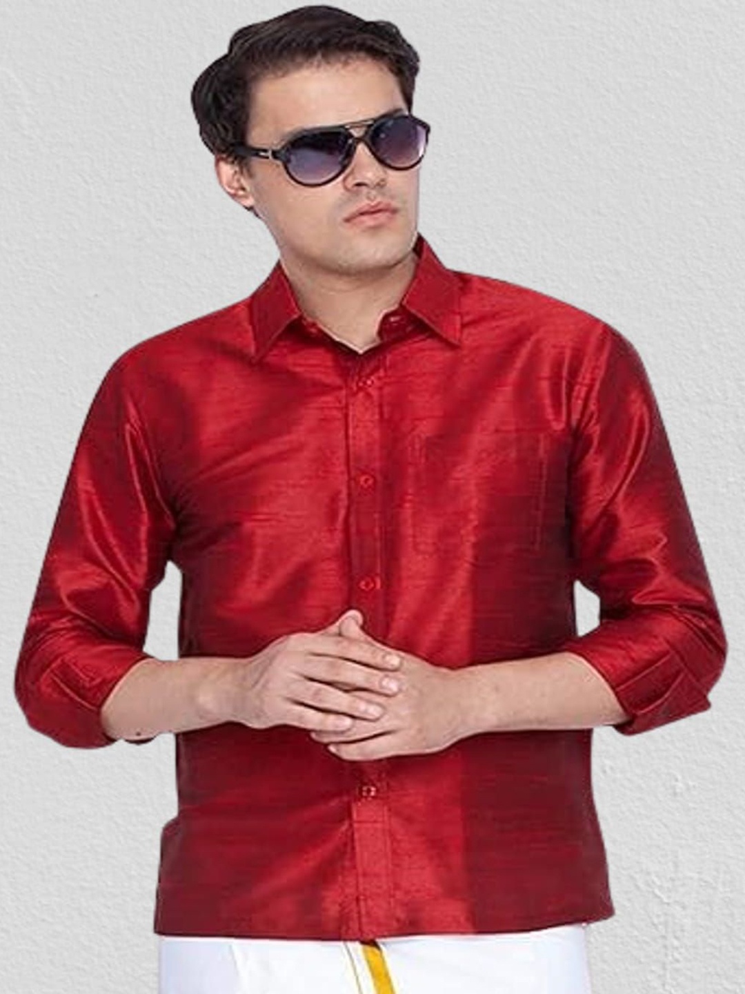 

BANHUSSAIN Men Spread Collar Solid Silk Casual Shirt, Maroon