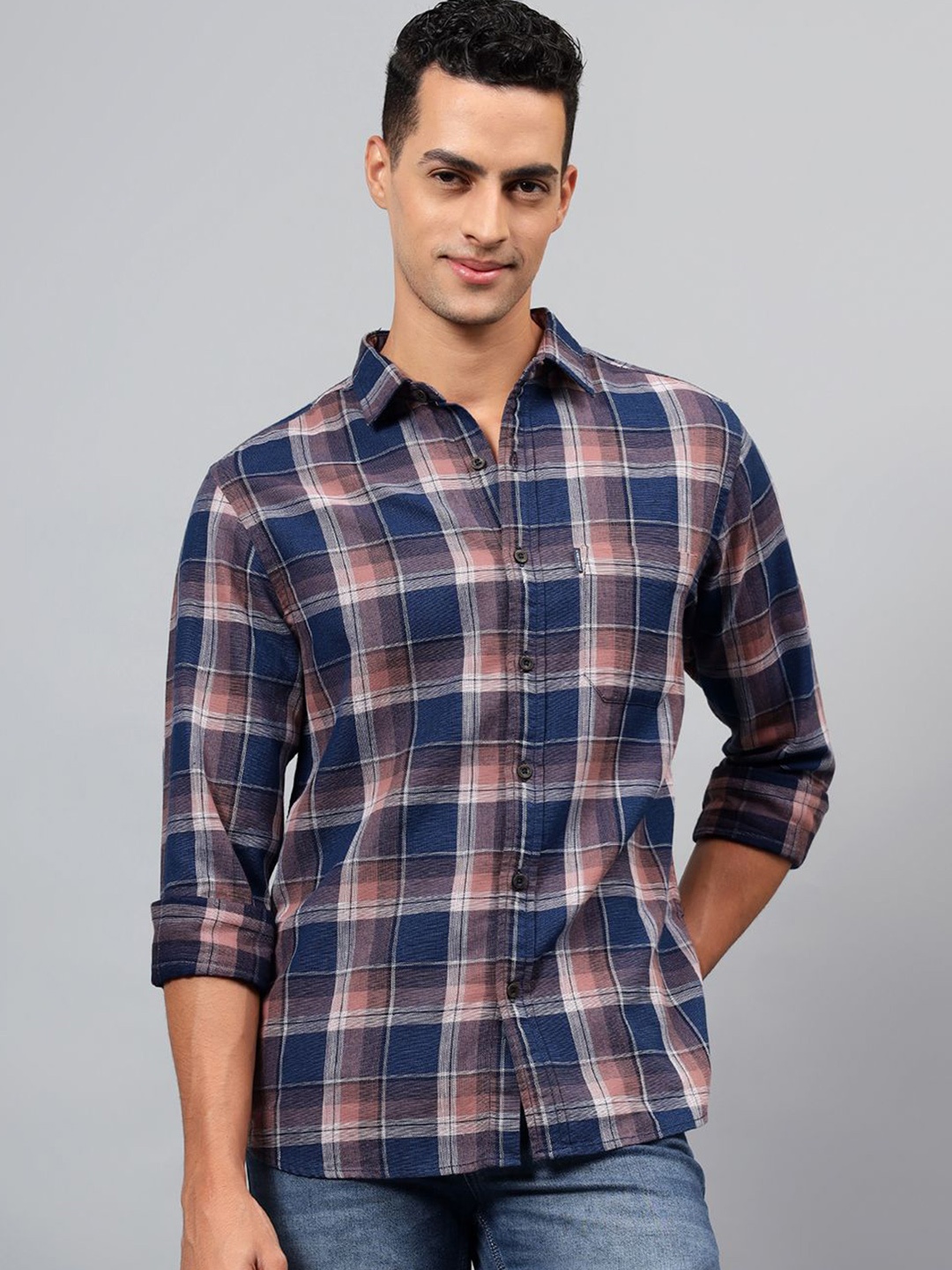 

Cantabil Men Spread Collar Checked Cotton Casual Shirt, Blue