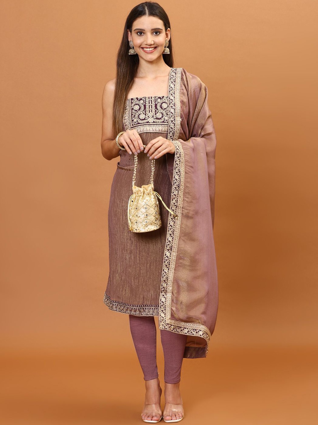 

Meena Bazaar Embroidered Zari Tissue Unstitched Dress Material, Brown