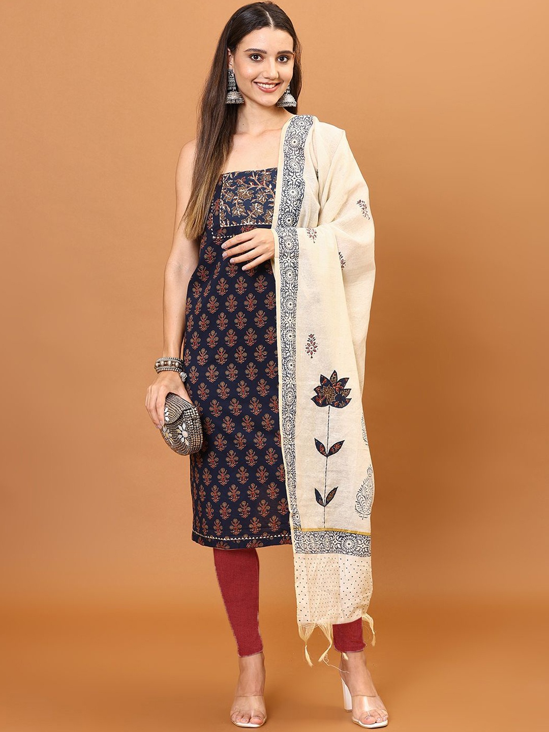

Meena Bazaar Floral Printed Unstitched Dress Material, Navy blue
