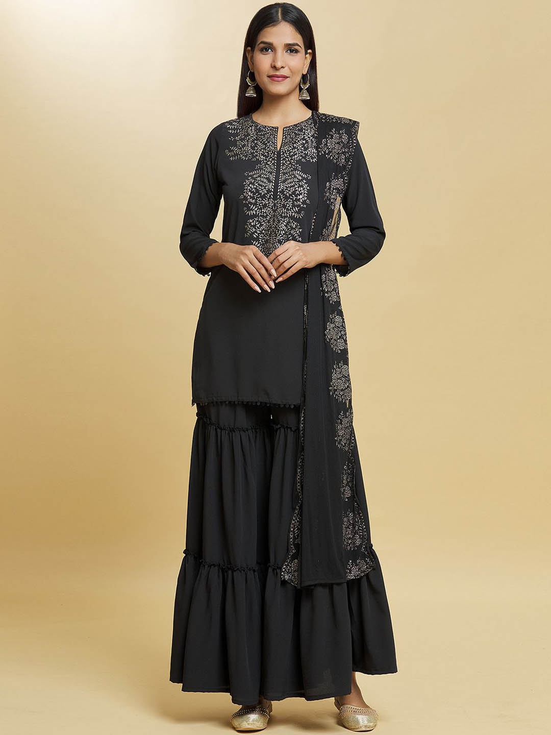 

Adara Khan Floral Printed Regular Straight Kurti with Sharara & Dupatta, Black