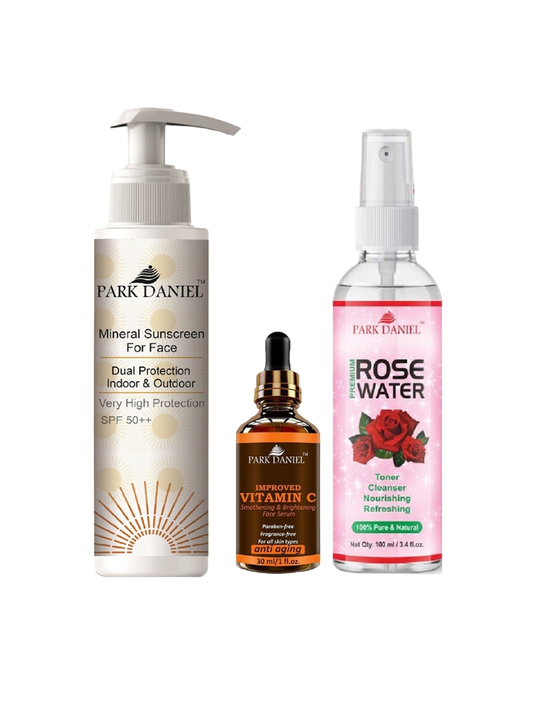 

Park Daniel Rose Water-100 ml & Vitamin C Serum- 30 ml & Sunscreen- 100 ml, White