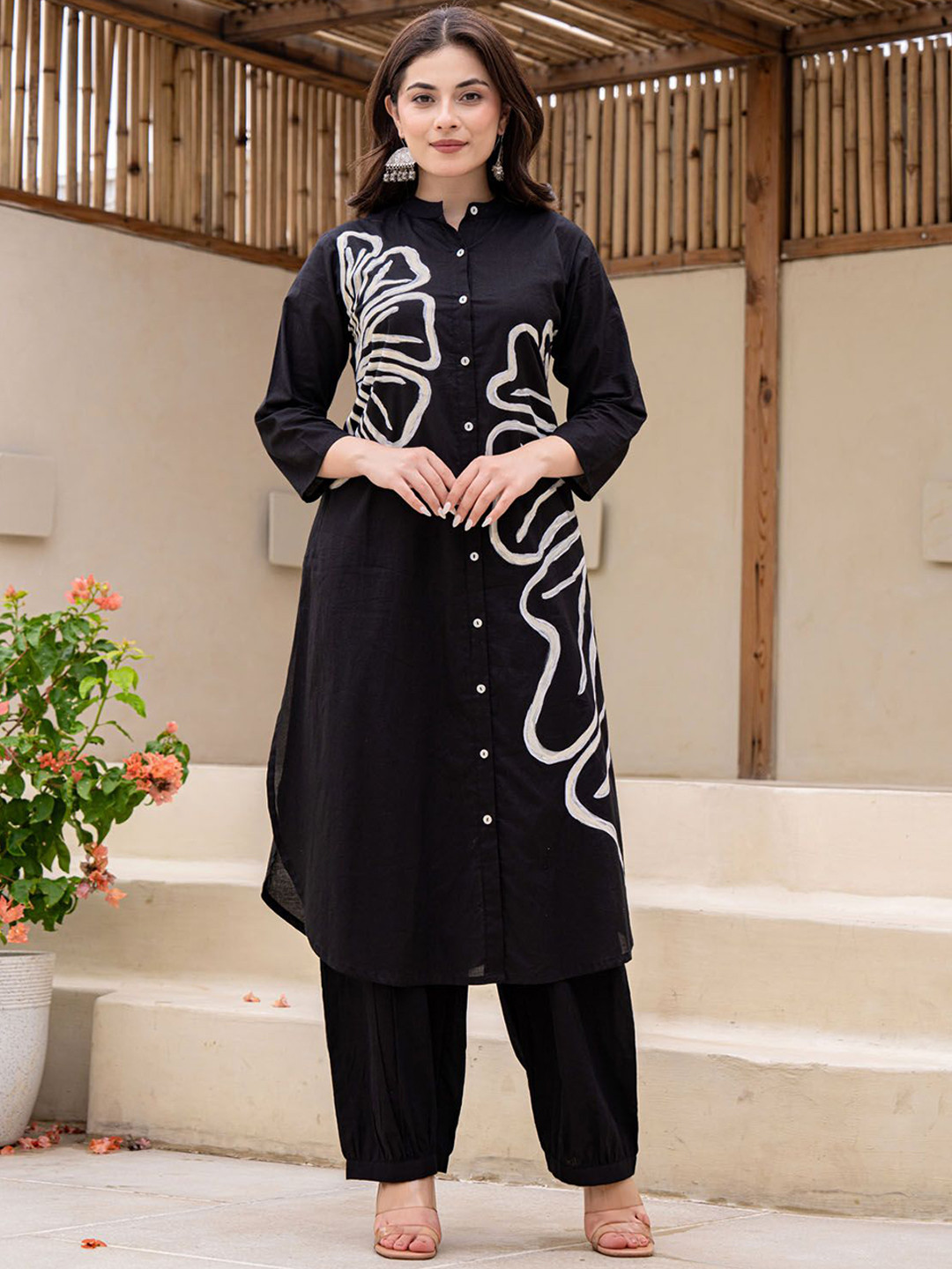 

FASHION DWAR Printed Pure Cotton Tunic With Trousers Co-Ords, Black