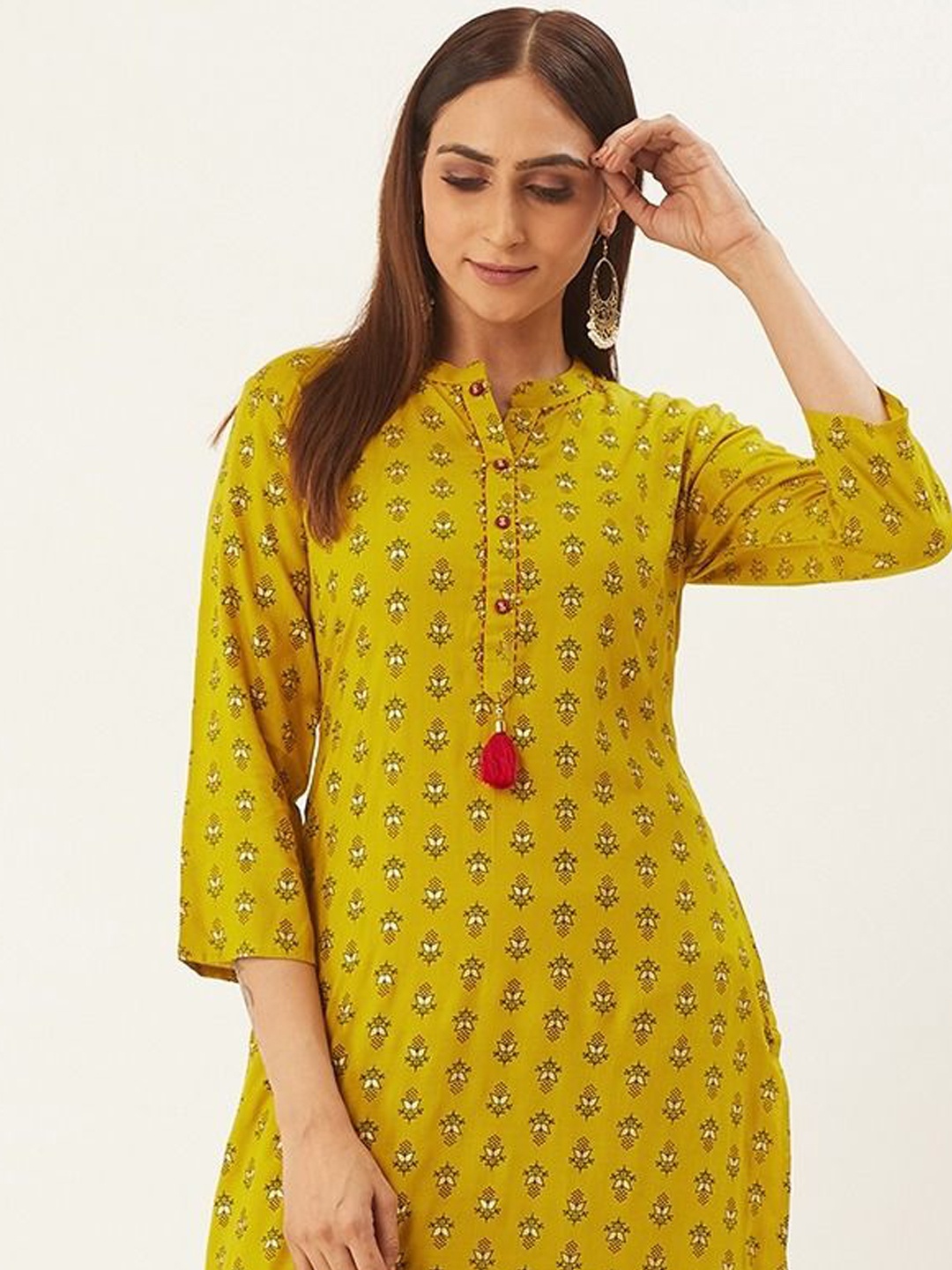 

Anouk Yellow Floral Printed Mandarin Collar Straight Kurta With Palazzo