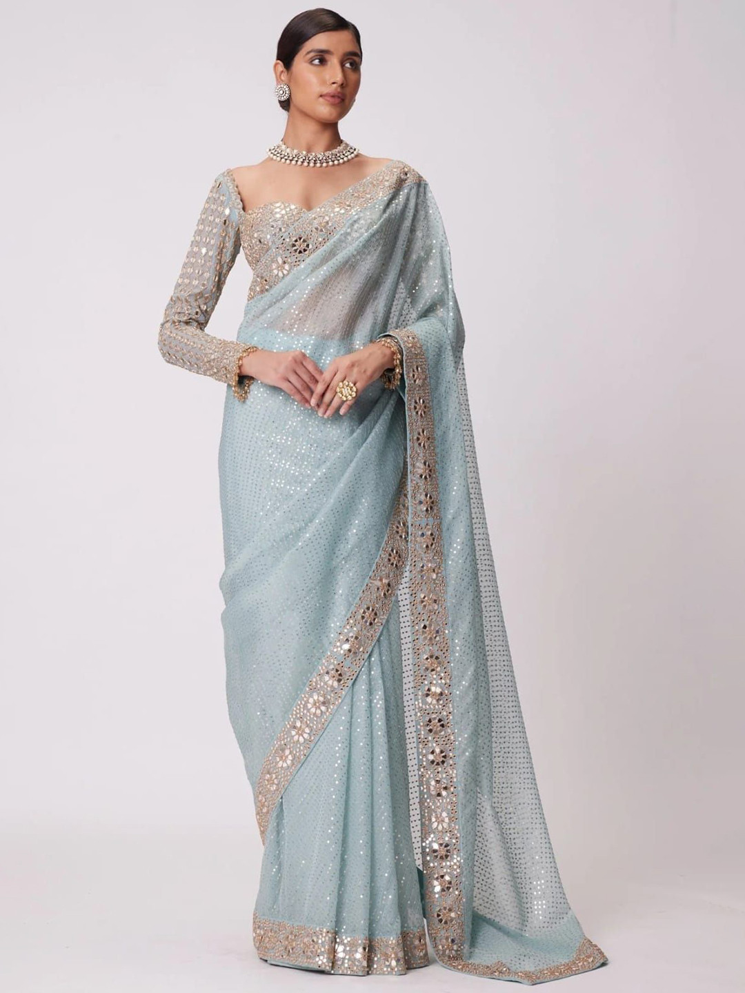 

MAHALASA Ethnic Motifs Poly Georgette Saree, Grey