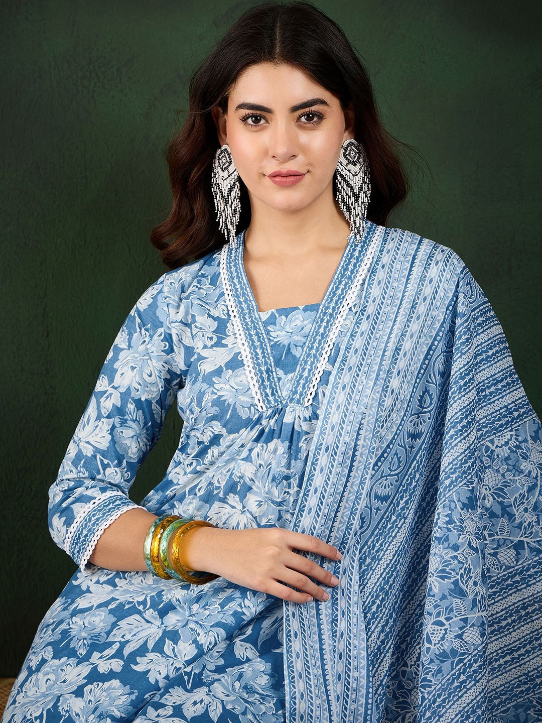 

Sangria Floral Printed Pure Cotton A Line Kurta & Trouser With Dupatta, Blue