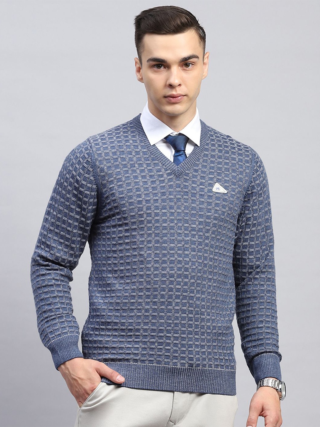 

Monte Carlo Men Checked Woollen Pullover, Blue