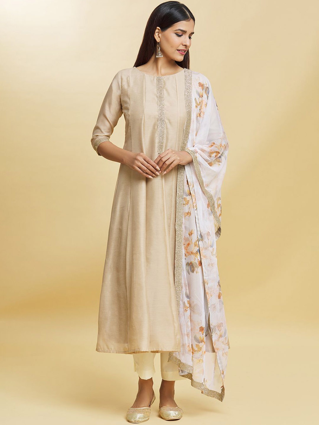 

Adara Khan Women Regular Kurta with Trousers & With Dupatta, Beige