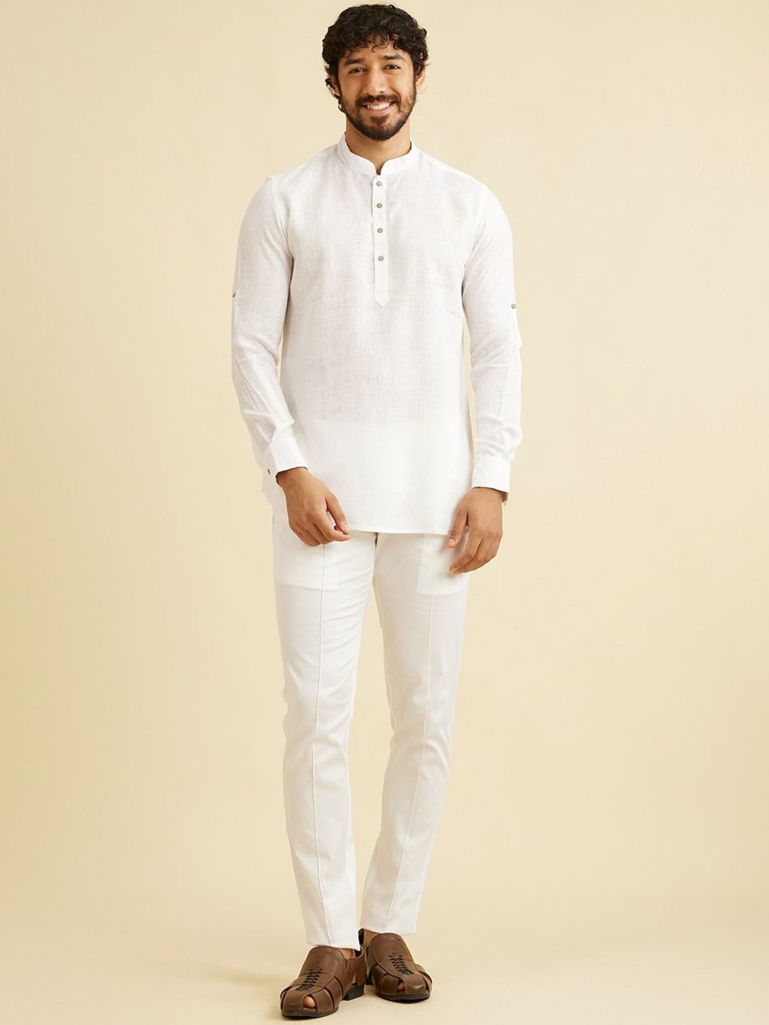 

Manyavar Mandarin Collar Linen Straight Kurta, White