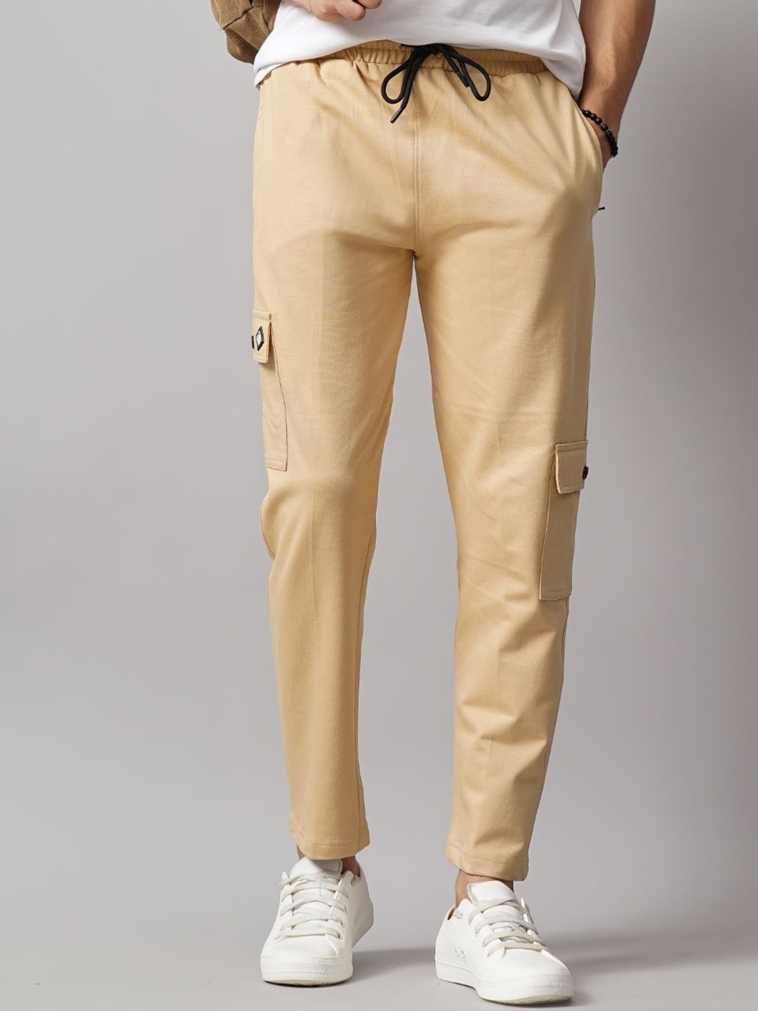 

PAUL STREET Men Relaxed Straight Fit Cargos Trousers, Cream