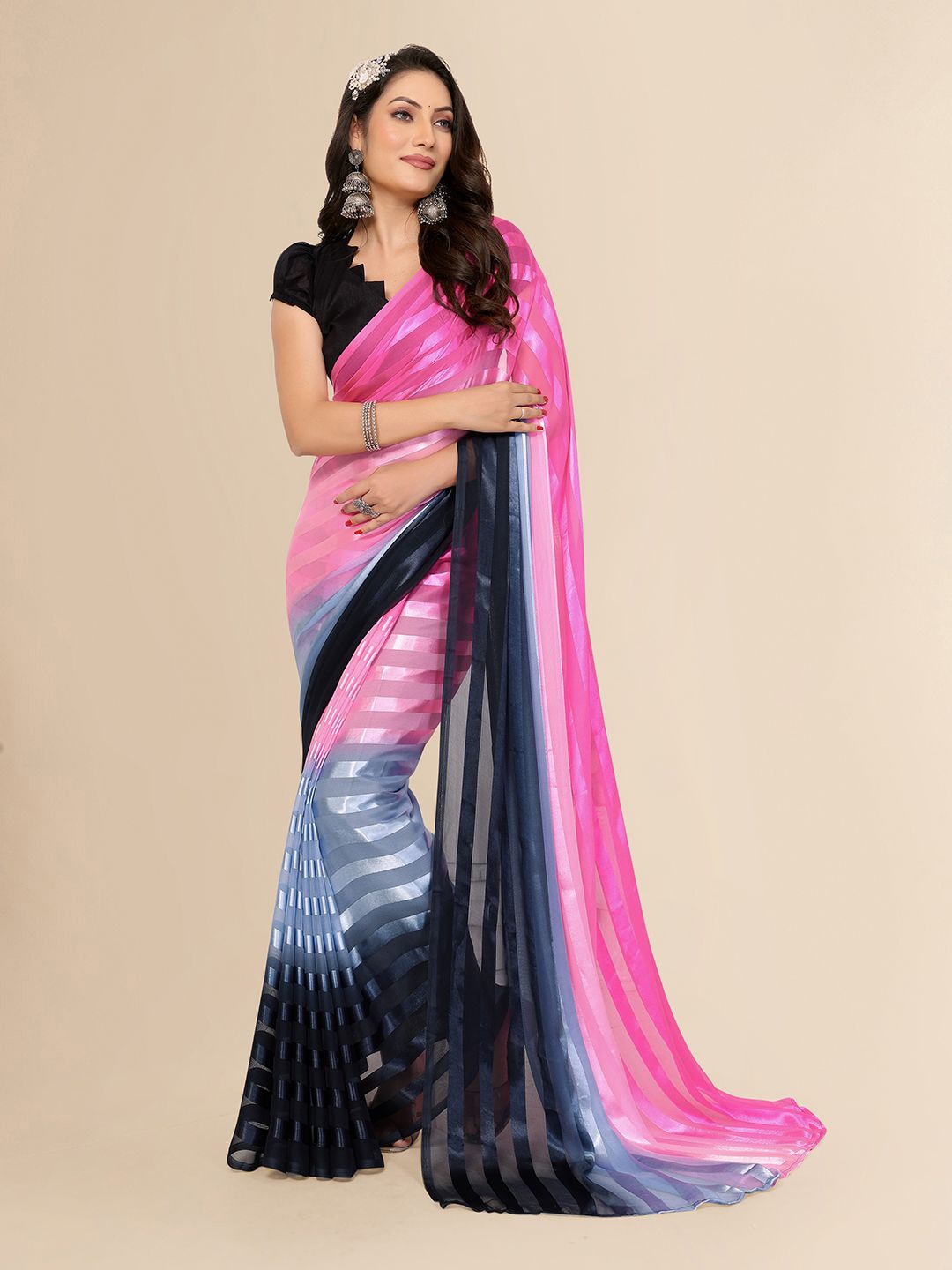

Moda Rapido Striped Satin Saree, Pink