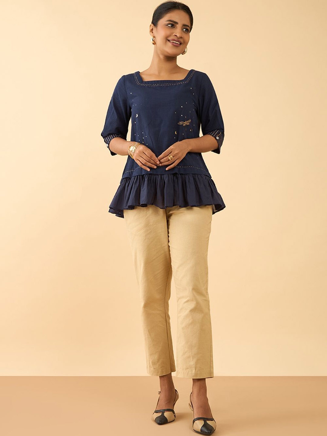 

Taneira Square Neck Pure Cotton Peplum Top, Blue