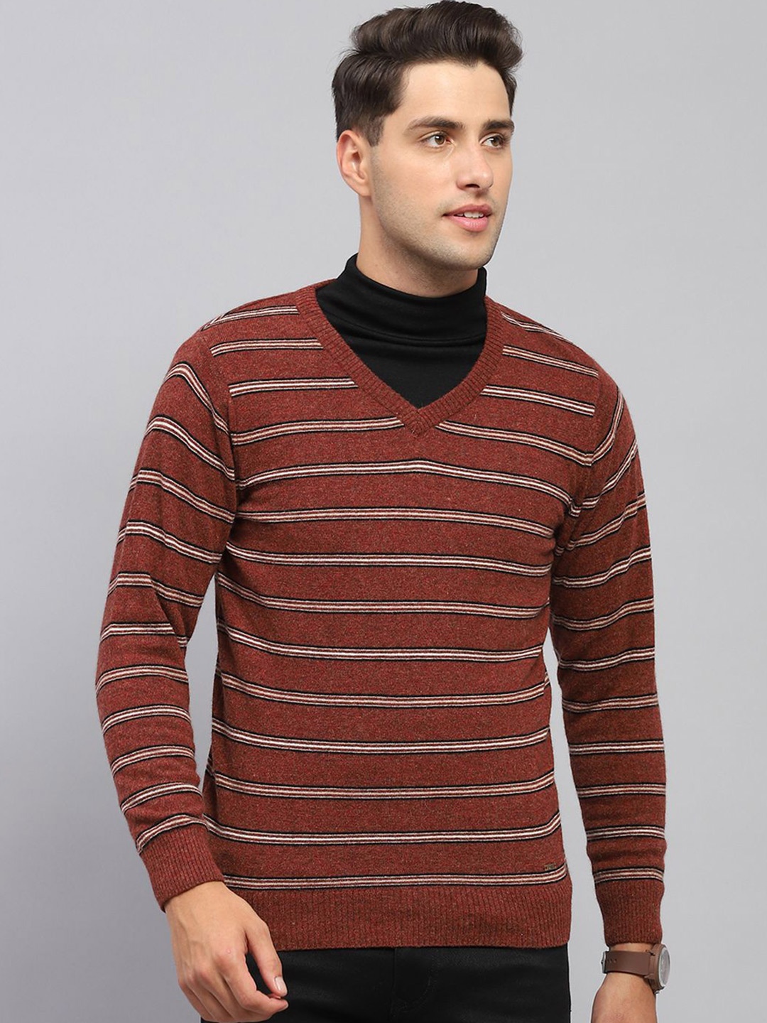 

Monte Carlo Men Striped Woollen Pullover, Rust