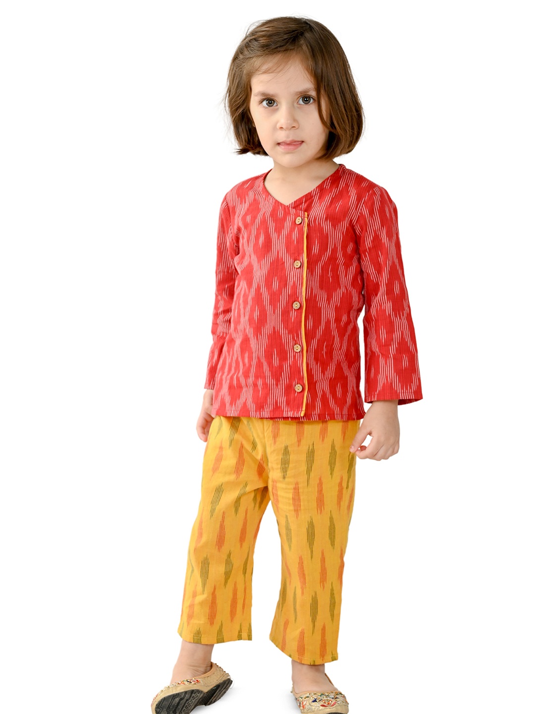 

Tiny Bunnies Girls Woven Design V-Neck Long Sleeves Pure Cotton Top With Trouser, Red