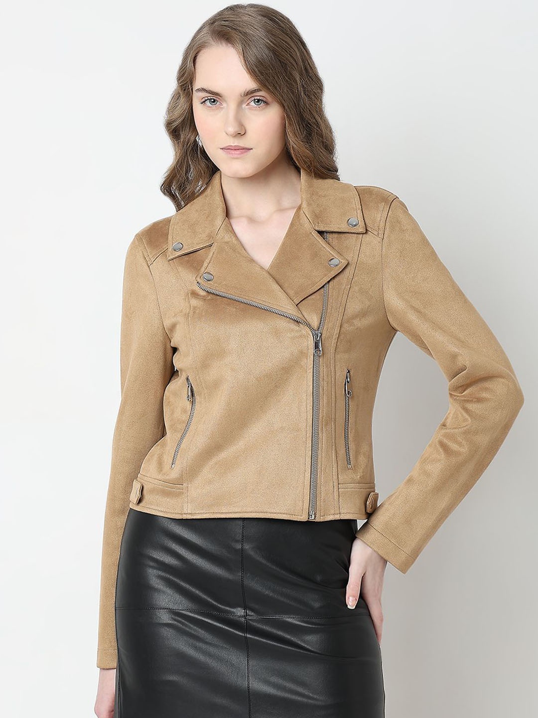 

Vero Moda Women Lapel Collar Solid Casual Biker Jacket, Khaki