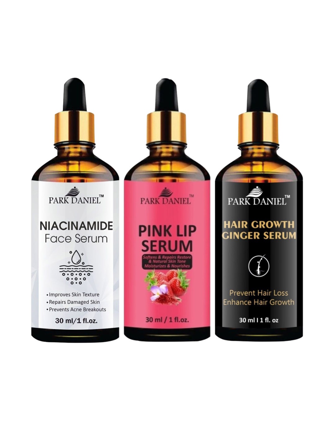 

Park Daniel Set of 3 Niacinamide Serum, Pink Lip Serum &Hair Growth Ginger Serum-30ml each