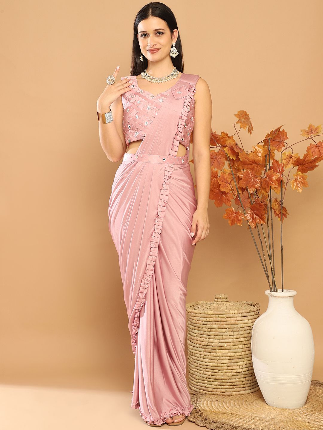 

Grancy Women Ready to Wear Solid Leheriya Saree, Mauve