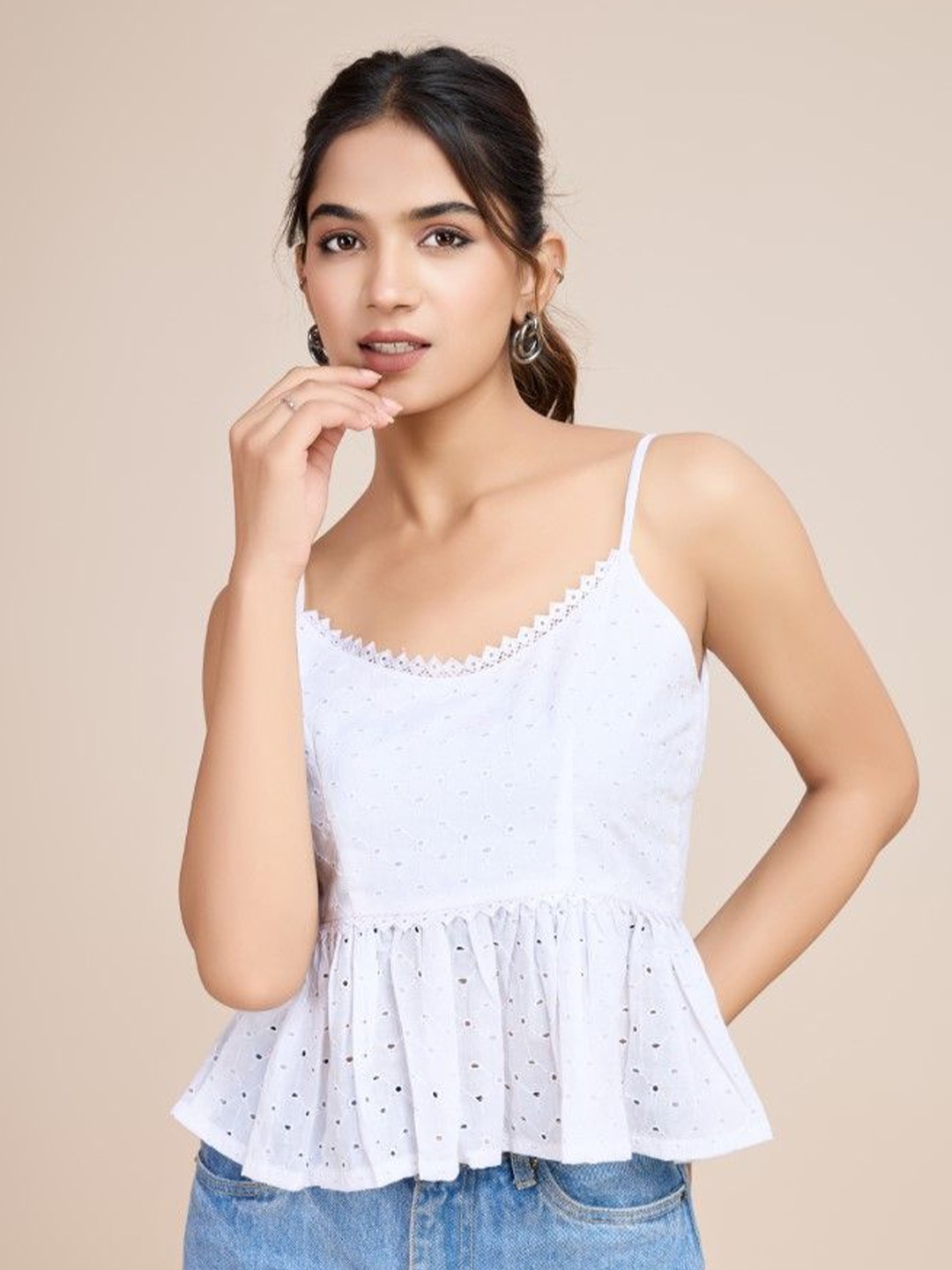 

HOUSE OF MIRA Shoulder Straps Cotton Peplum Top, White