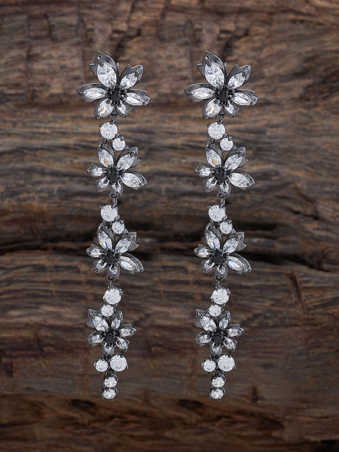 

Kushal's Fashion Jewellery Rhodium-Plated CZ Studded Floral Drop Earrings, Silver