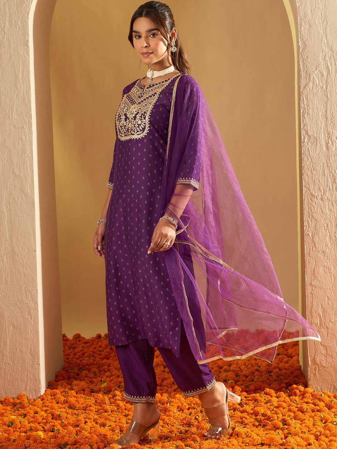 

Indo Era Ethnic Motifs Printed Straight Sequinned Kurta with Trousers & Dupatta, Purple